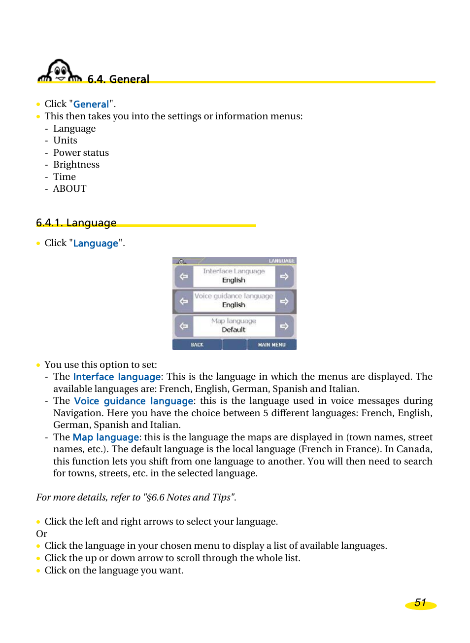 General, Language, Eneral | Michelin Navigation User Manual | Page 55 / 89