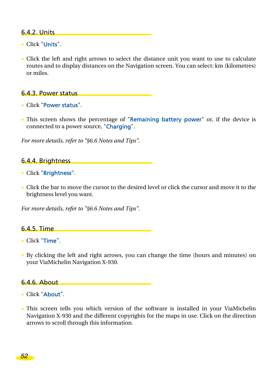 Units, Power status, Brightness | Time, About | Michelin Navigation User Manual | Page 56 / 89