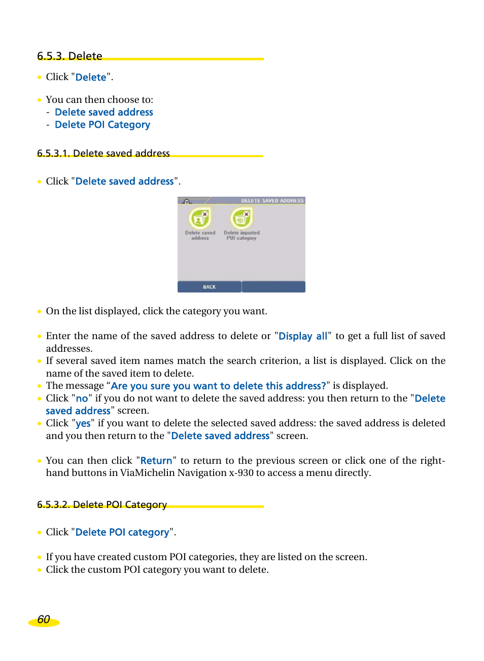 Delete, Delete saved address, Delete poi category | Michelin Navigation User Manual | Page 64 / 89