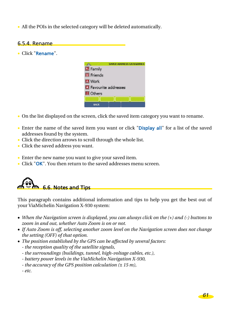 Rename, Notes and tips, Otes and | Michelin Navigation User Manual | Page 65 / 89