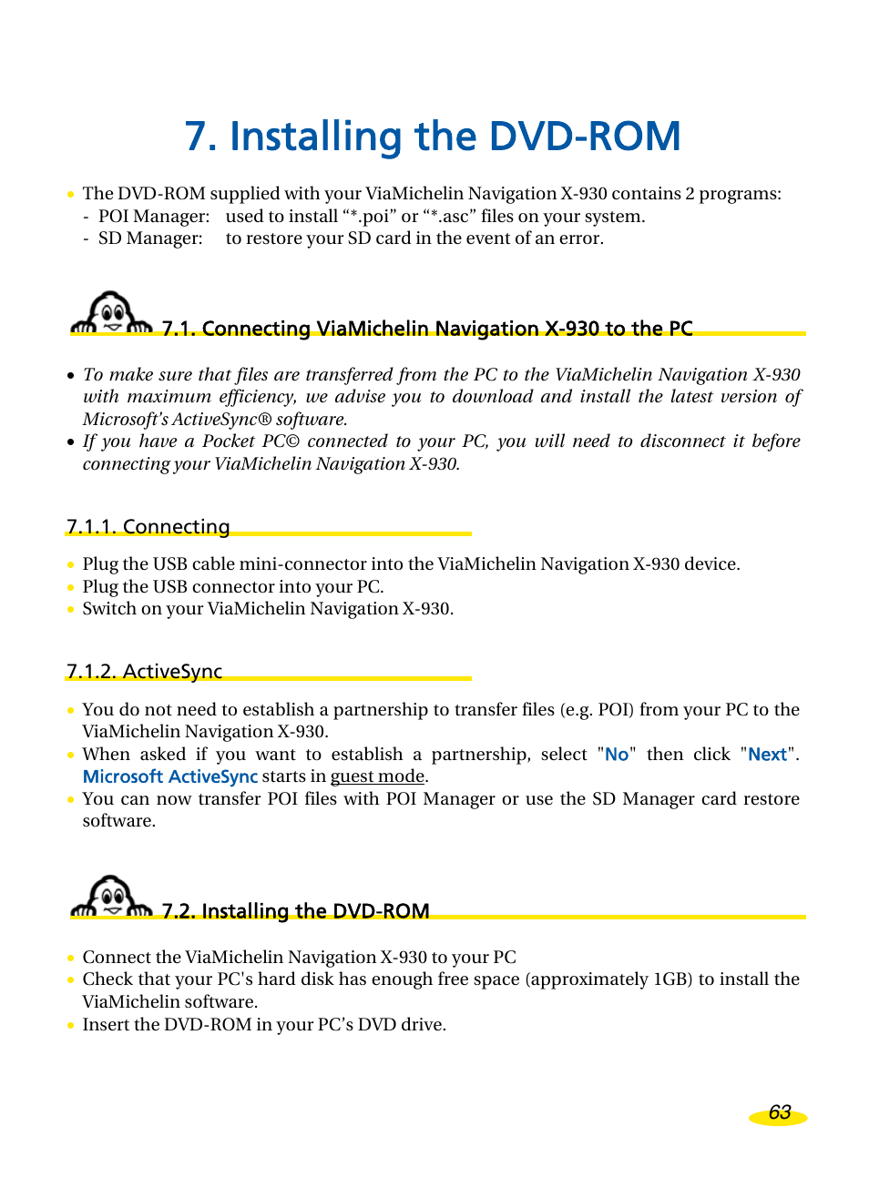 Installing the dvd-rom, Connecting viamichelin navigation x-930 to the pc, Connecting | Activesync, Onnecting, Ichelin, Avigation, X-930, To the, Nstalling the | Michelin Navigation User Manual | Page 67 / 89