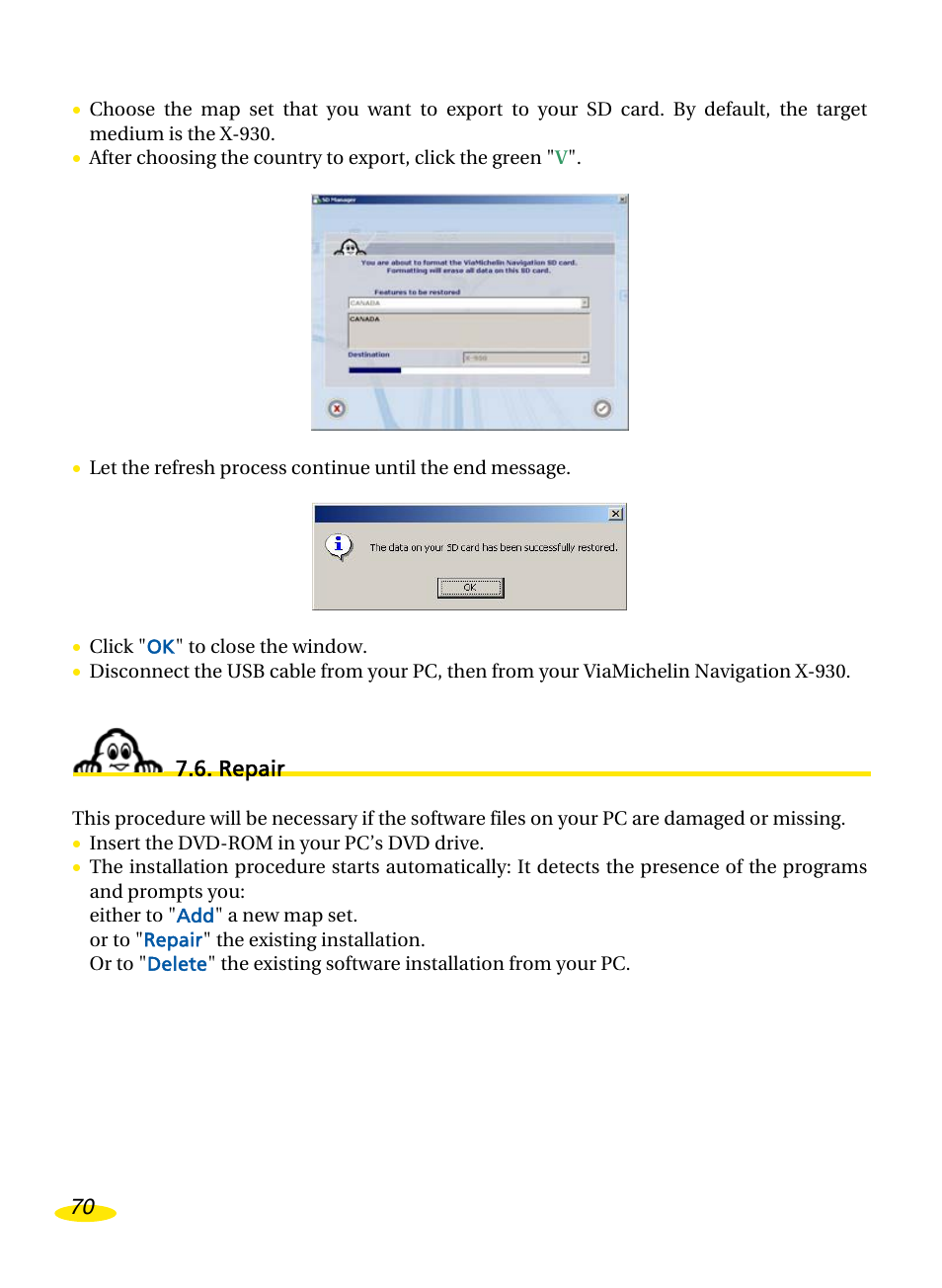 Repair, Epair | Michelin Navigation User Manual | Page 74 / 89