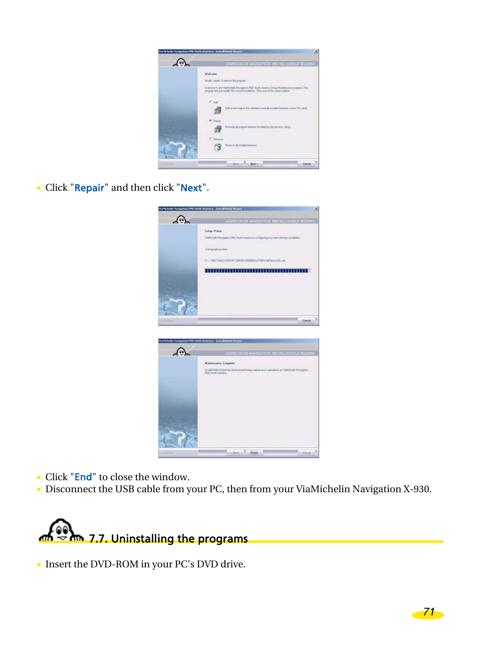 Uninstalling the programs, Ninstalling the programs | Michelin Navigation User Manual | Page 75 / 89