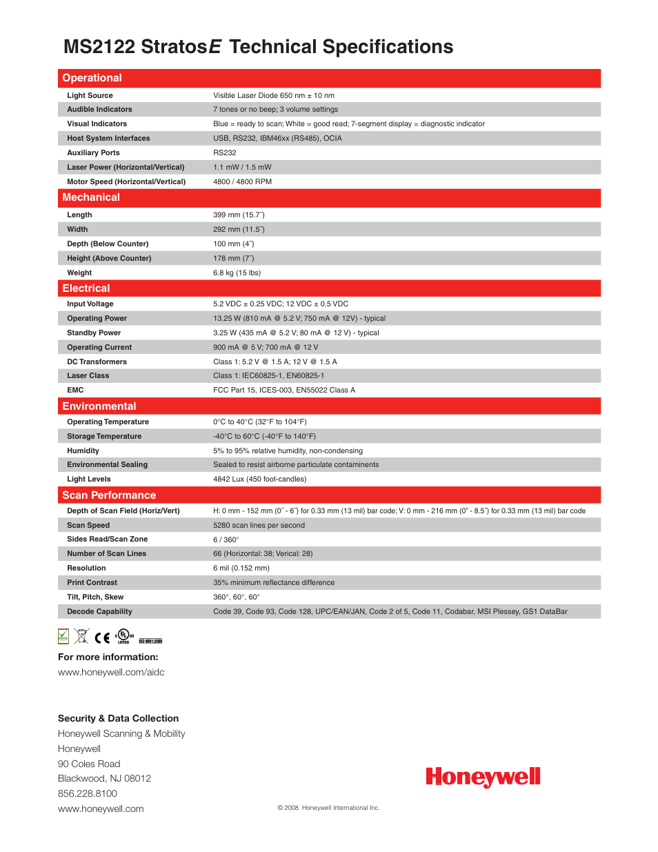 Ms2122 stratos e technical specifications, Operational, Mechanical | Electrical, Environmental, Scan performance | Metrologic Instruments MS2122 User Manual | Page 2 / 2