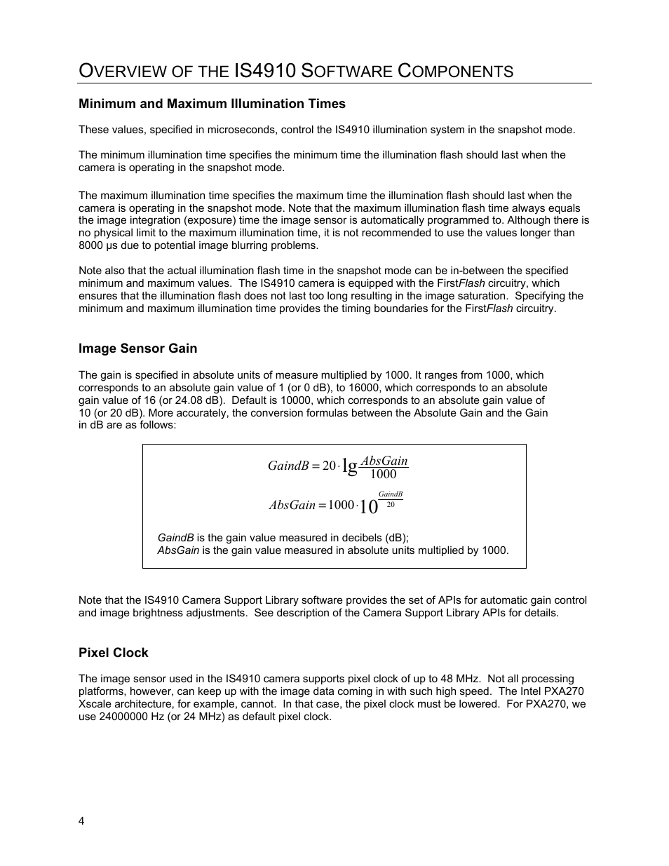 Minimum and maximum illumination times, Image sensor gain, Pixel clock | 10 lg, Is4910 | Metrologic Instruments IS4910 Series User Manual | Page 10 / 42