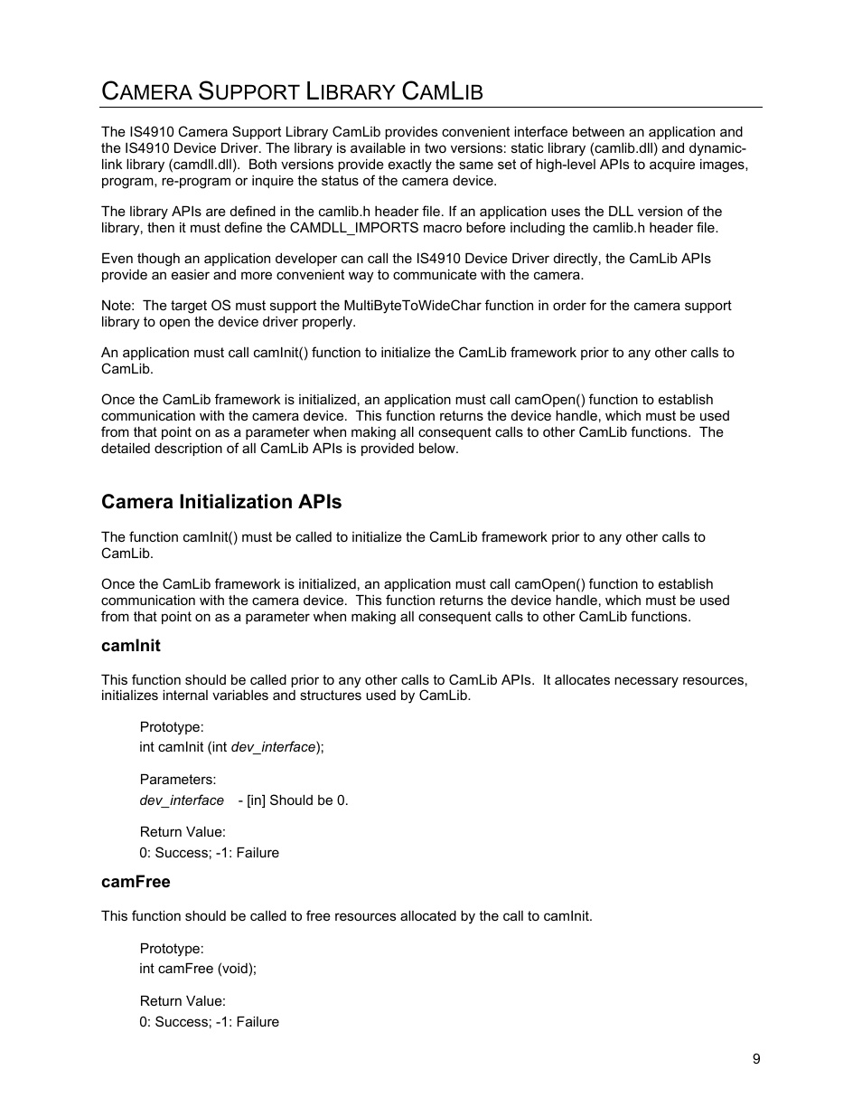 Camera support library camlib, Camera initialization apis, Caminit | Camfree, Amera, Upport, Ibrary | Metrologic Instruments IS4910 Series User Manual | Page 15 / 42