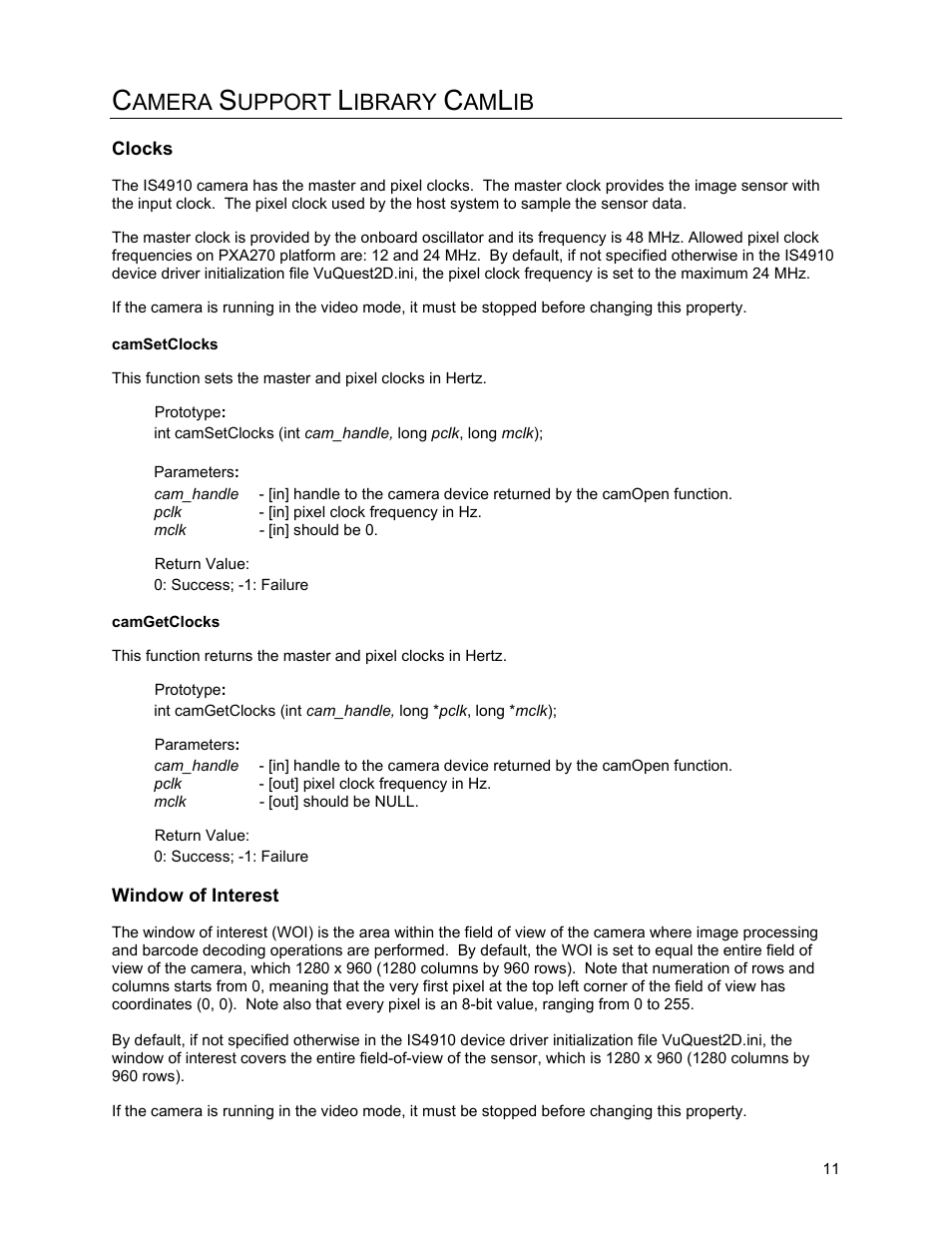 Clocks, Camsetclocks, Camgetclocks | Window of interest (woi), Window of interest, Amera, Upport, Ibrary | Metrologic Instruments IS4910 Series User Manual | Page 17 / 42