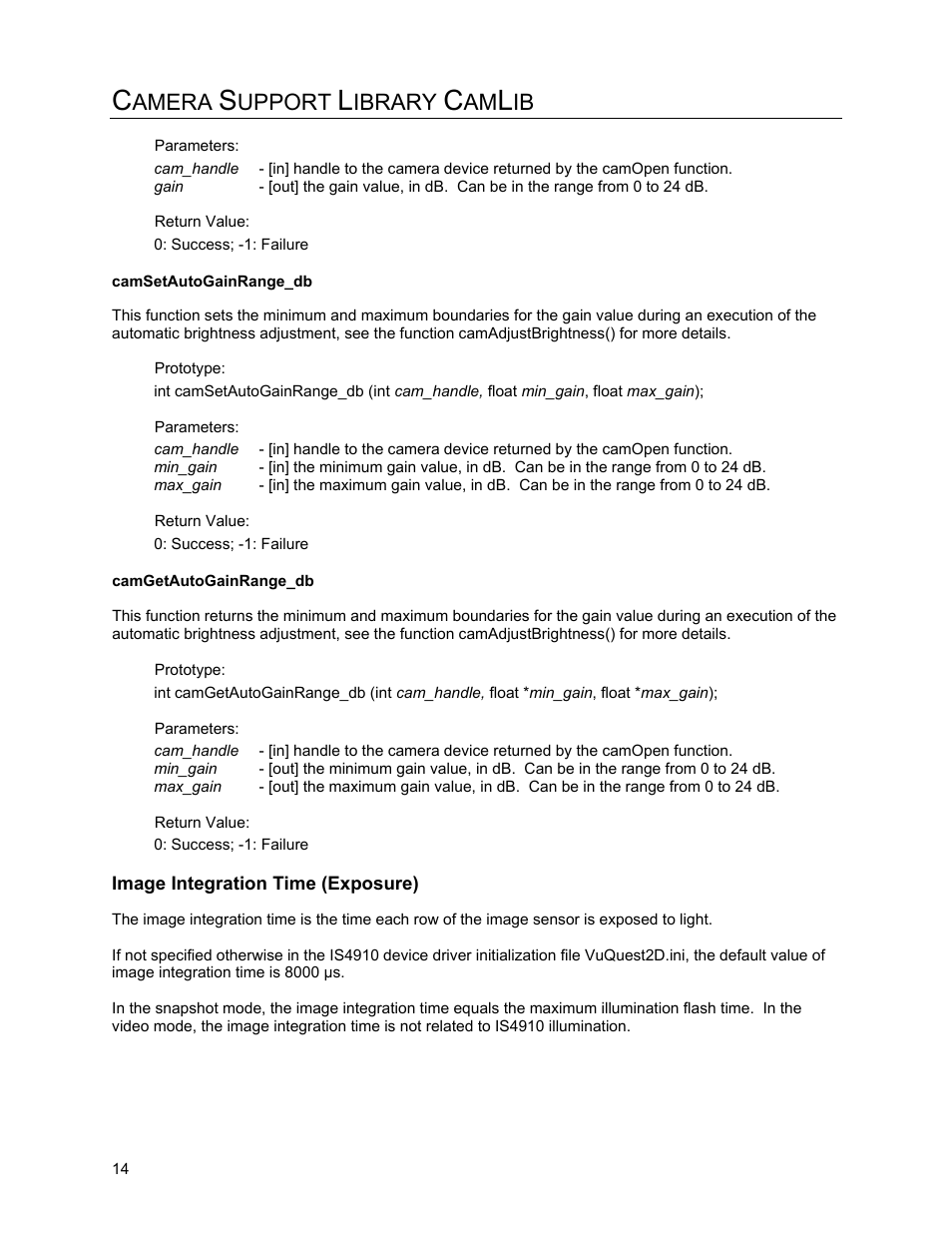 Camsetautogainrange_db, Camgetautogainrange_db, Image intergration time (exposure) | Image integration time (exposure), Amera, Upport, Ibrary | Metrologic Instruments IS4910 Series User Manual | Page 20 / 42