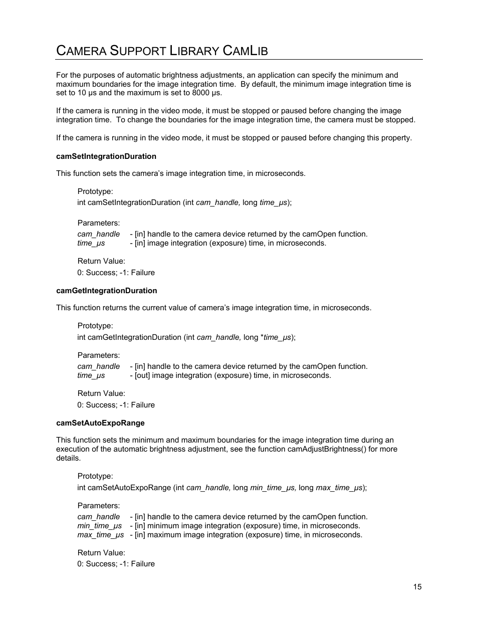 Camsetintegrationduration, Camgetintergrationduration, Camsetautoexporange | Camgetintegrationduration, Amera, Upport, Ibrary | Metrologic Instruments IS4910 Series User Manual | Page 21 / 42