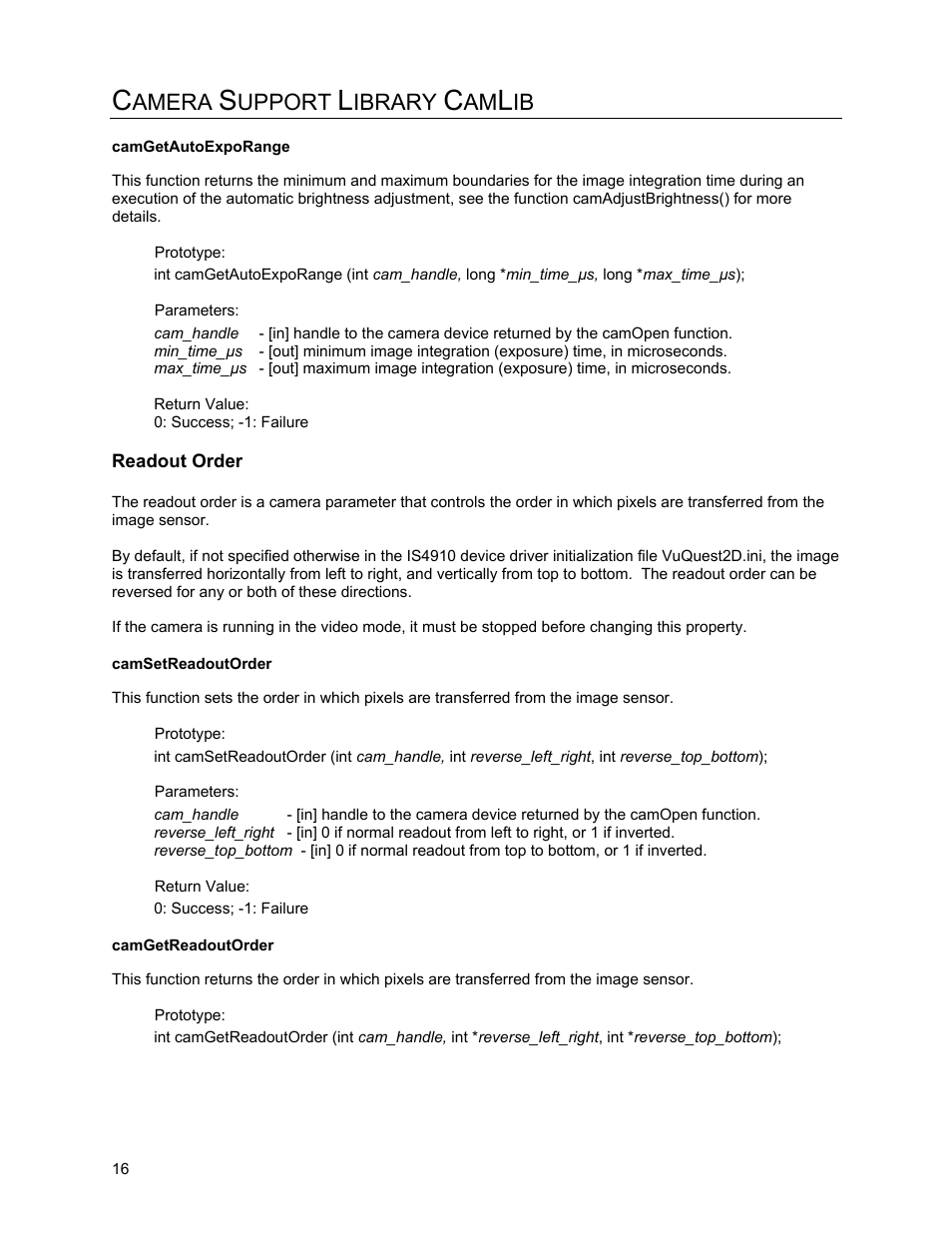 Camgetautoexporange, Readout order, Camsetreadoutorder | Camgetreadoutorder, Amera, Upport, Ibrary | Metrologic Instruments IS4910 Series User Manual | Page 22 / 42