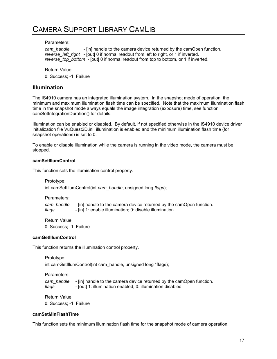 Illumination, Camsetillumcontrol, Camgetillumcontrol | Camsetminflashtime, Camsetminflashtimer, Amera, Upport, Ibrary | Metrologic Instruments IS4910 Series User Manual | Page 23 / 42