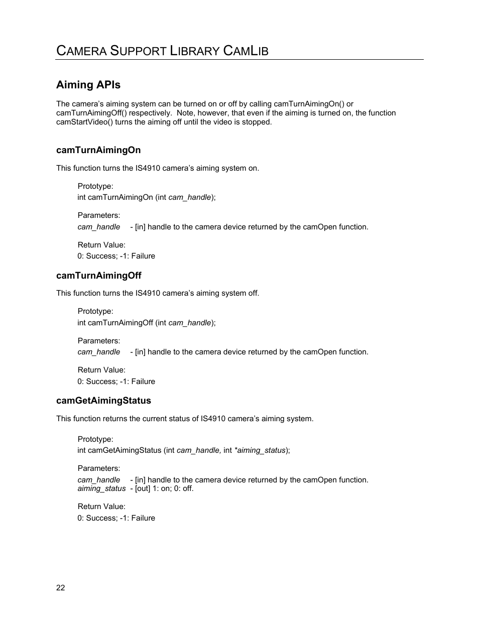Aiming apis, Camturnaimingon, Camturnaimingoff | Camgetaimingstatus, Amera, Upport, Ibrary | Metrologic Instruments IS4910 Series User Manual | Page 28 / 42