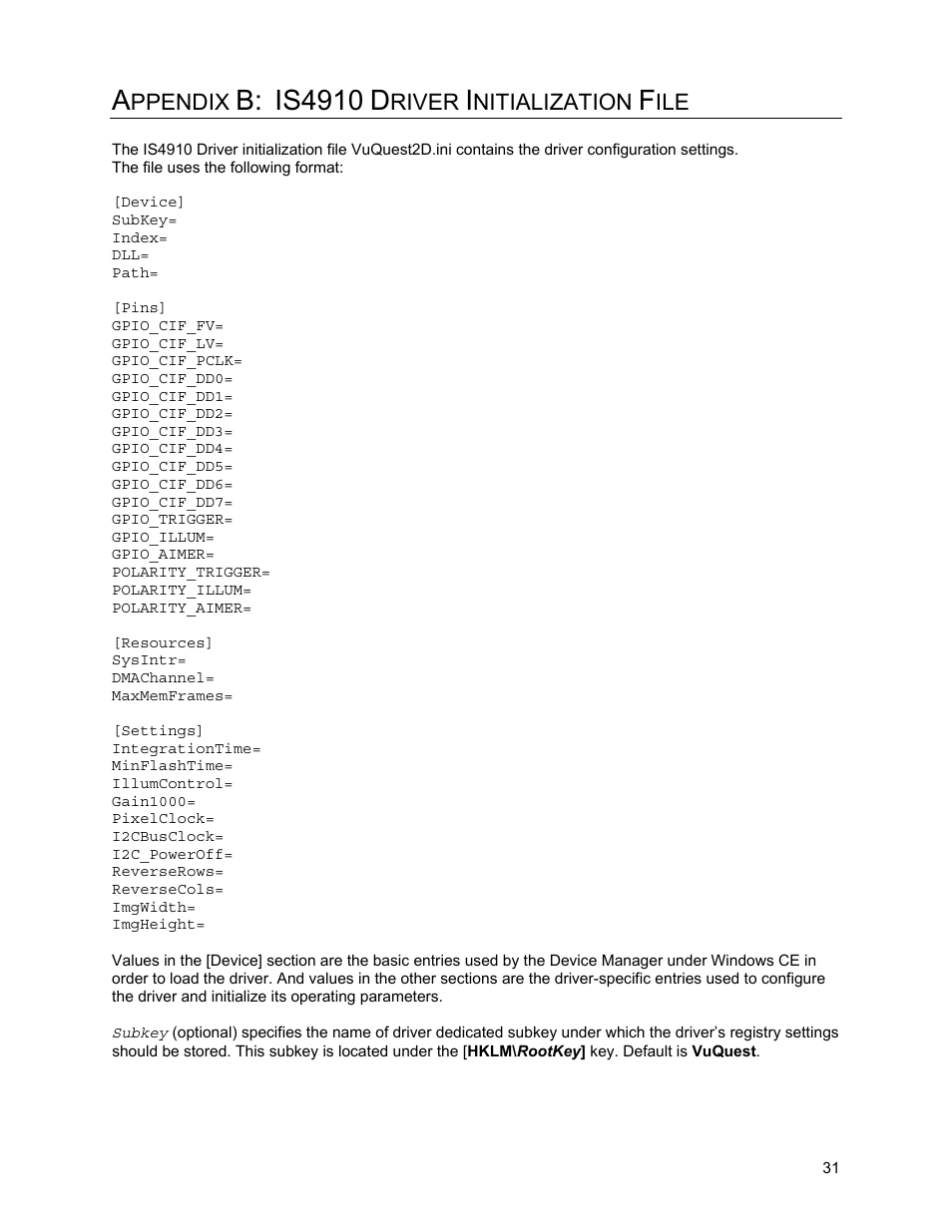 Appendix b: is4910 driver initialization file, Ppendix, Is4910 | River, Nitialization | Metrologic Instruments IS4910 Series User Manual | Page 37 / 42