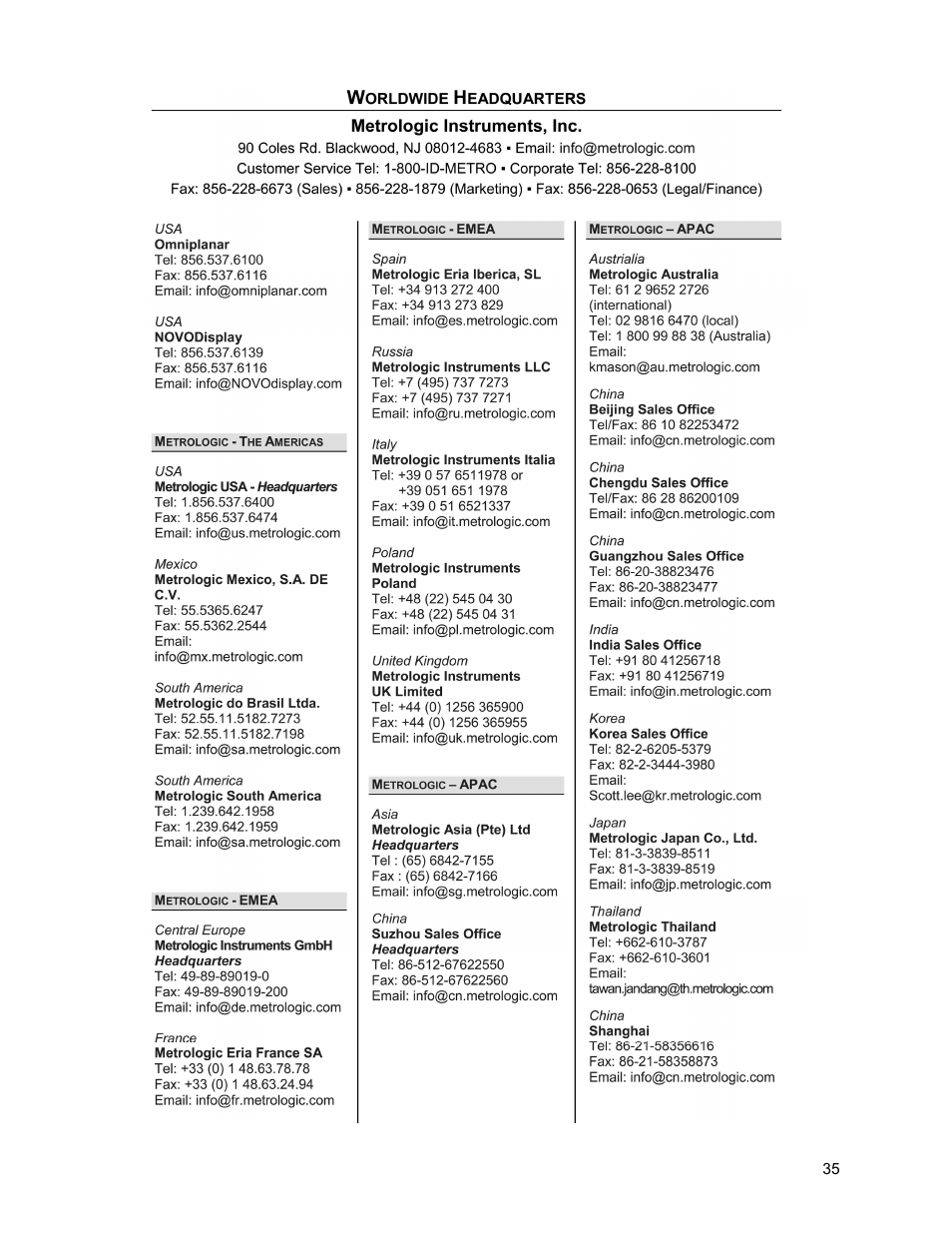 Contact information, Ffice, Ocations and | Ontact, Nformation | Metrologic Instruments IS4910 Series User Manual | Page 41 / 42