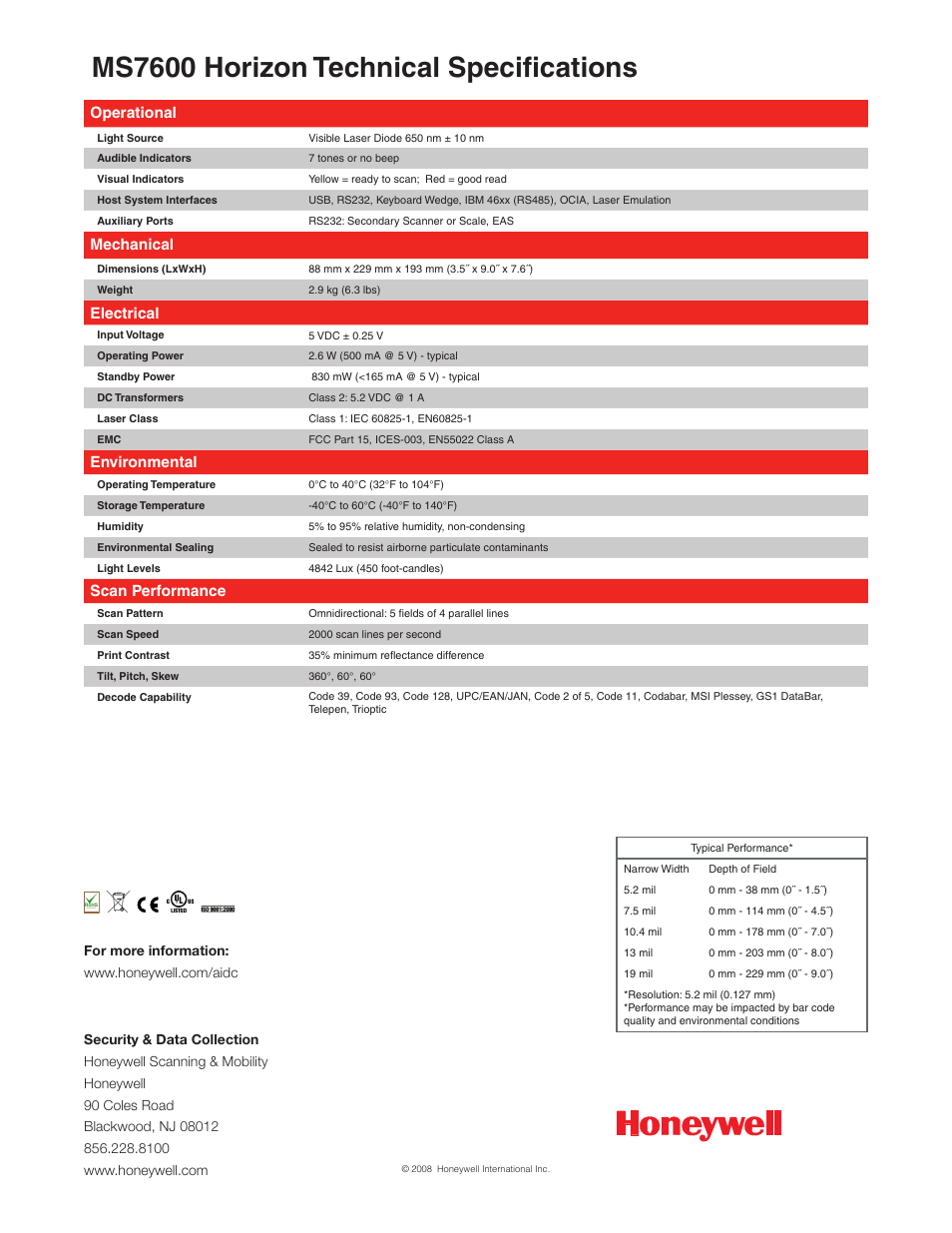 Ms7600 horizon technical specifications, Operational, Mechanical | Electrical, Environmental, Scan performance | Metrologic Instruments MS7600 User Manual | Page 2 / 2