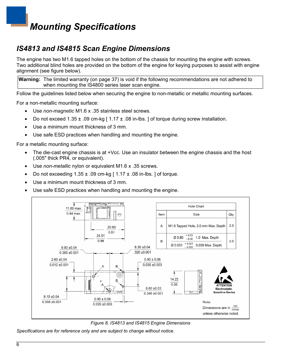 Mounting specifications, Is4813 and is4815 scan engine dimensions | Metrologic Instruments IS4823 User Manual | Page 10 / 48