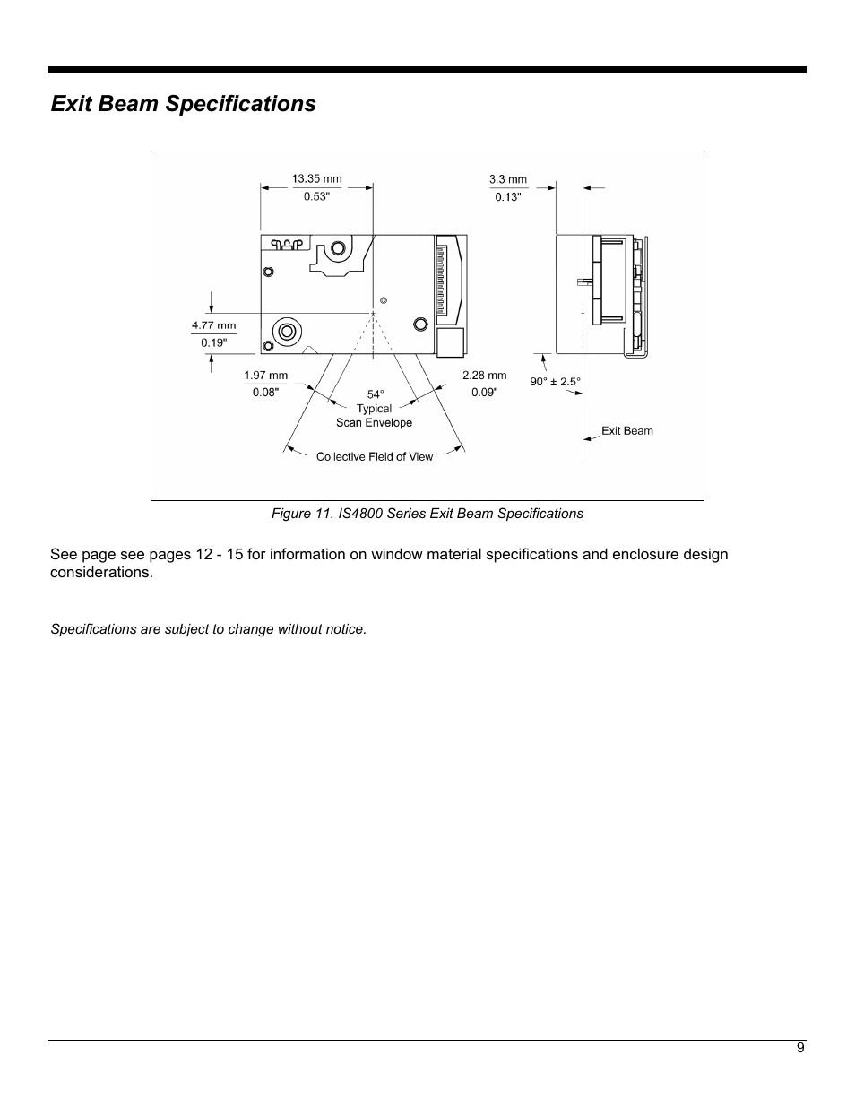 Exit beam specifications | Metrologic Instruments IS4823 User Manual | Page 13 / 48