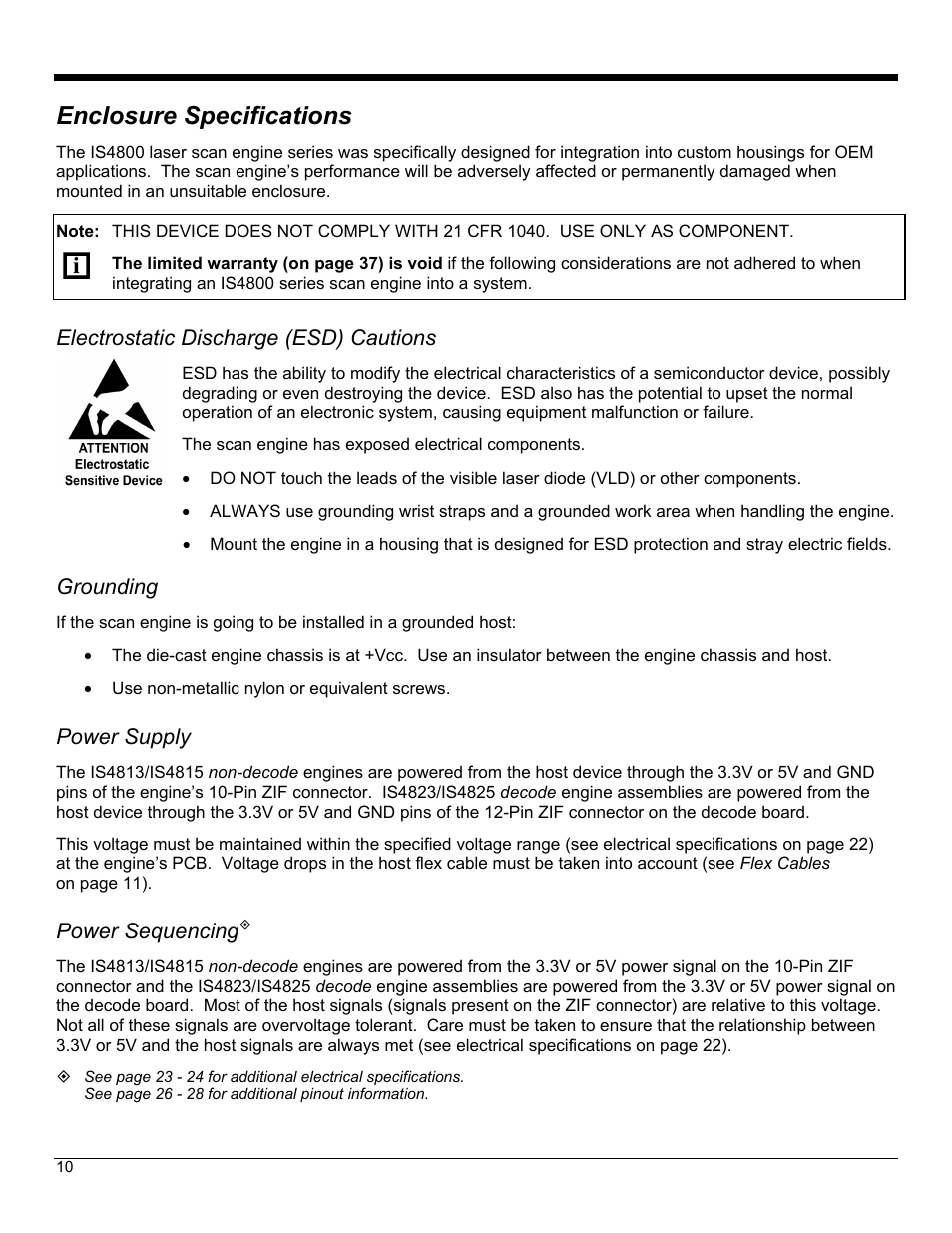 Enclosure specifications, Electrostatic discharge (esd) cautions, Grounding | Power supply, Power sequencing | Metrologic Instruments IS4823 User Manual | Page 14 / 48