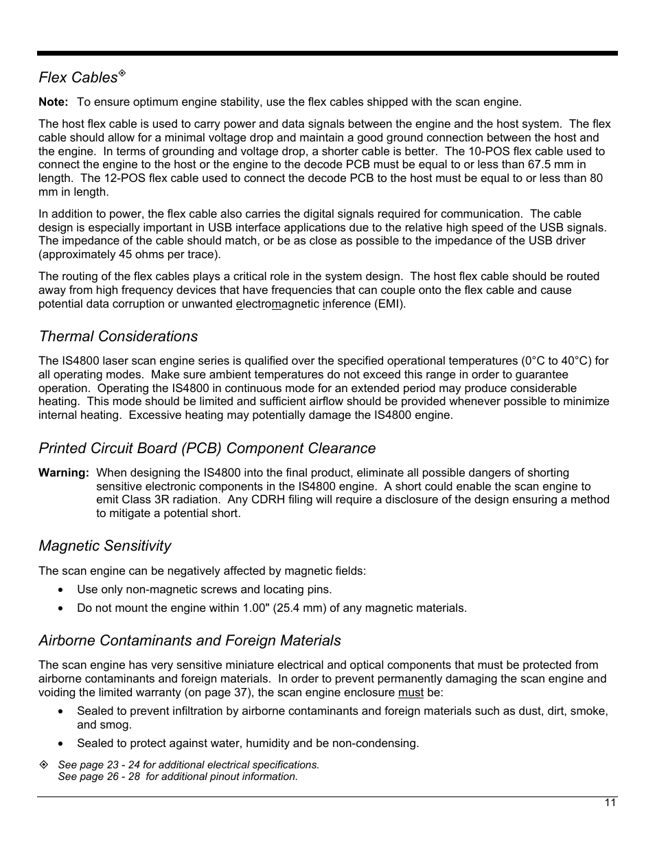 Flex cables, Thermal considerations, Printed circuit board (pcb) component clearance | Magnetic sensitivity, Airborne contaminants and foreign materials, Host flex cable, Printed circuit board component clearance | Metrologic Instruments IS4823 User Manual | Page 15 / 48