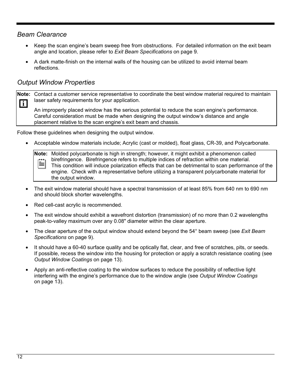 Beam clearance, Output window properties | Metrologic Instruments IS4823 User Manual | Page 16 / 48