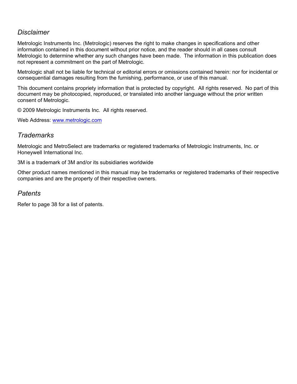 Copyright/trademarks, Disclaimer, Trademarks | Patents | Metrologic Instruments IS4823 User Manual | Page 2 / 48