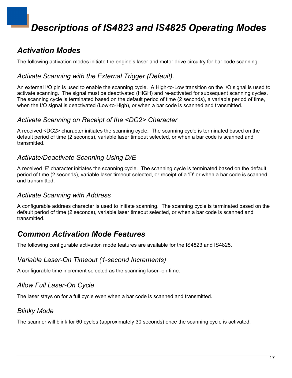 Descriptions of is4823 and is4825 operating modes, Activation modes, Common activation mode features | Description of is4823 and is4825 operating modes | Metrologic Instruments IS4823 User Manual | Page 21 / 48