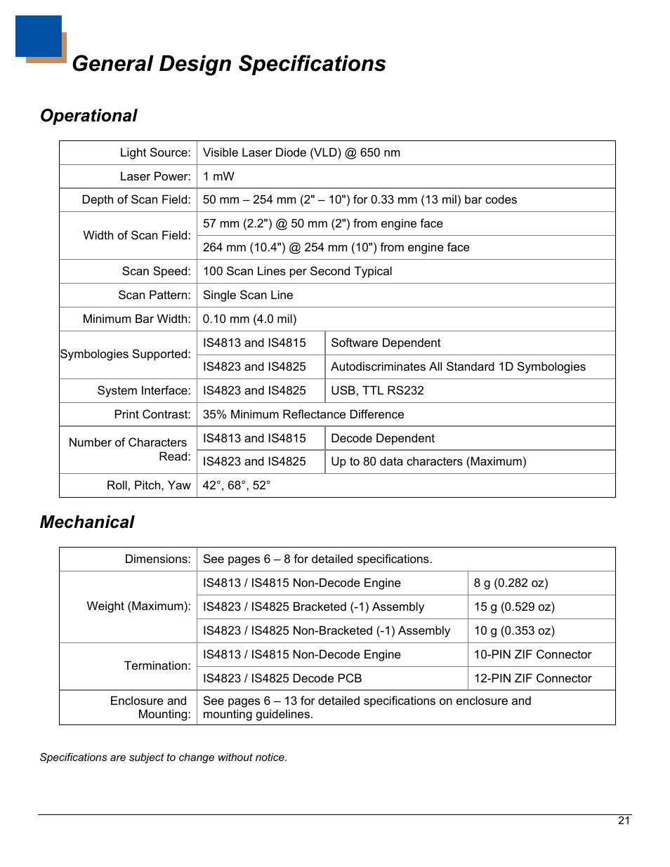 General design specifications, Operational, Mechanical | Metrologic Instruments IS4823 User Manual | Page 25 / 48