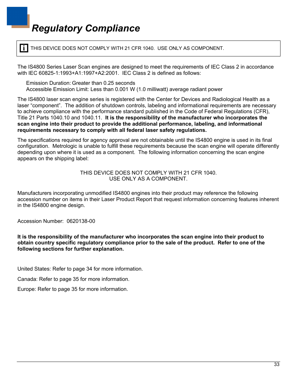 Regulatory compliance | Metrologic Instruments IS4823 User Manual | Page 37 / 48