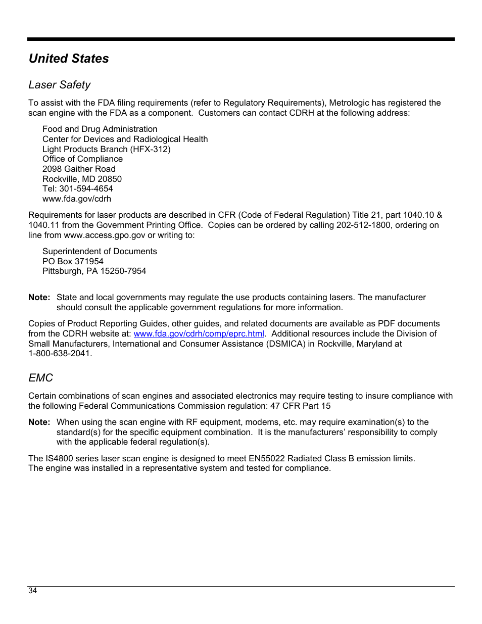 United states, Laser safety | Metrologic Instruments IS4823 User Manual | Page 38 / 48