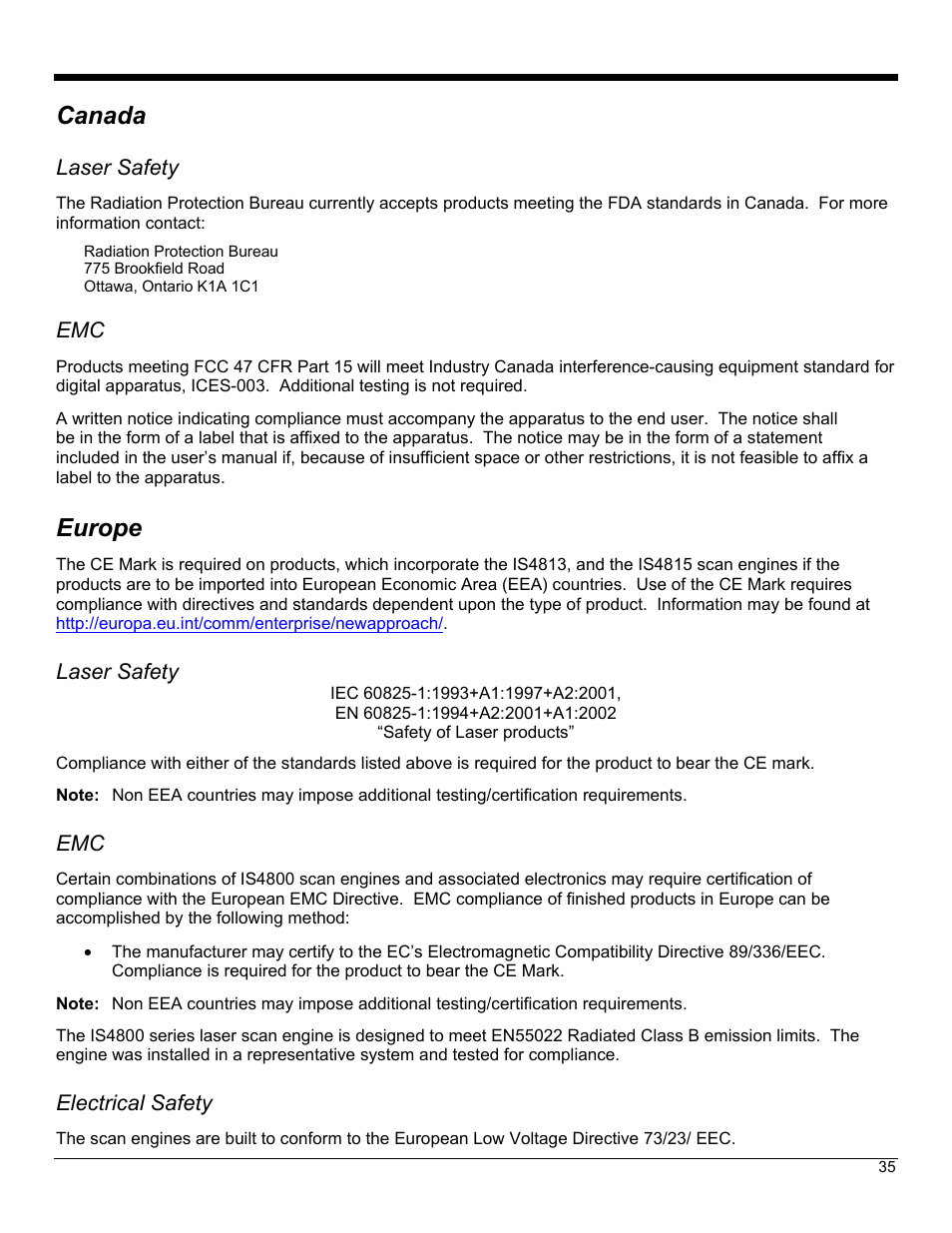 Canada, Europe | Metrologic Instruments IS4823 User Manual | Page 39 / 48