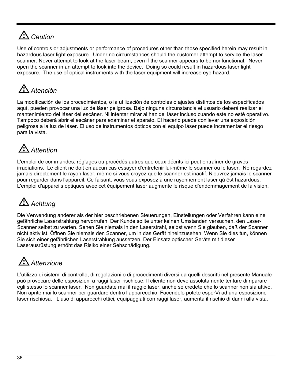 Caution, Atención, Attention | Achtung, Attenzione | Metrologic Instruments IS4823 User Manual | Page 40 / 48