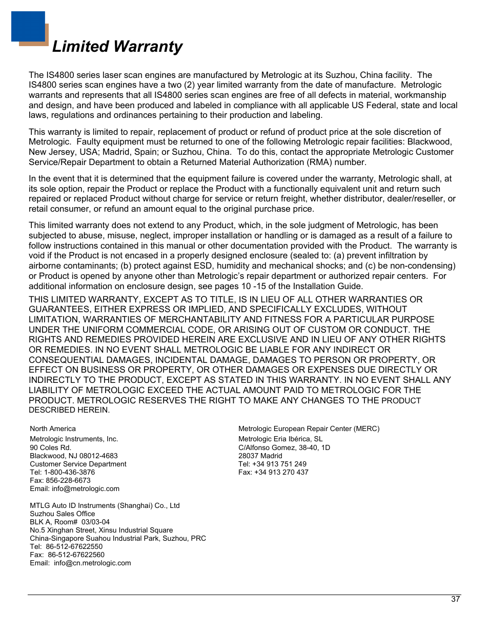 Limited warranty | Metrologic Instruments IS4823 User Manual | Page 41 / 48