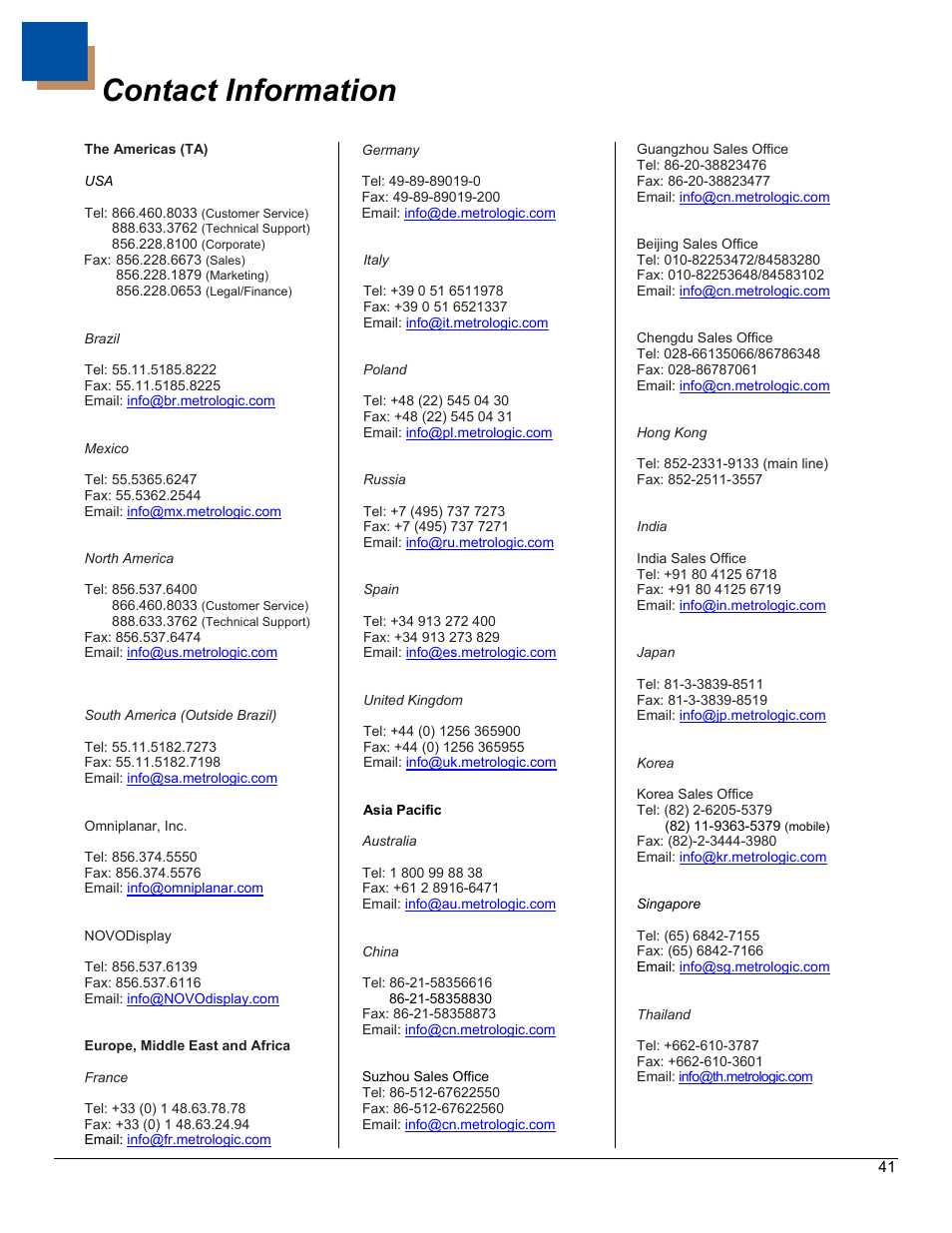 Contact information | Metrologic Instruments IS4823 User Manual | Page 45 / 48