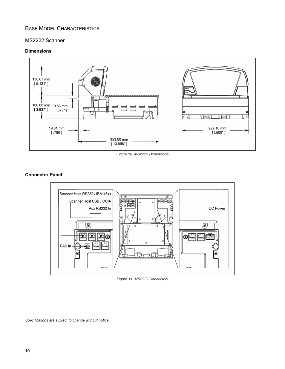 Dimensions, Connector panel | Metrologic Instruments StratosS MS2222 User Manual | Page 14 / 68