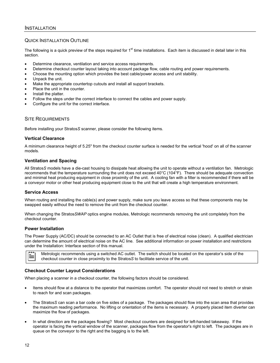 Installation, Quick installation outline, Site requirements | Vertical clearance, Ventilation and spacing, Service access, Power installation, Checkout counter layout considerations, Nstallation, Checkout counter layout consideration | Metrologic Instruments StratosS MS2222 User Manual | Page 16 / 68