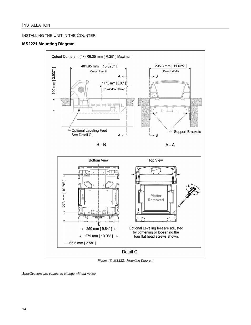 Installing the unit in the counter, Ms2221 mounting diagram | Metrologic Instruments StratosS MS2222 User Manual | Page 18 / 68