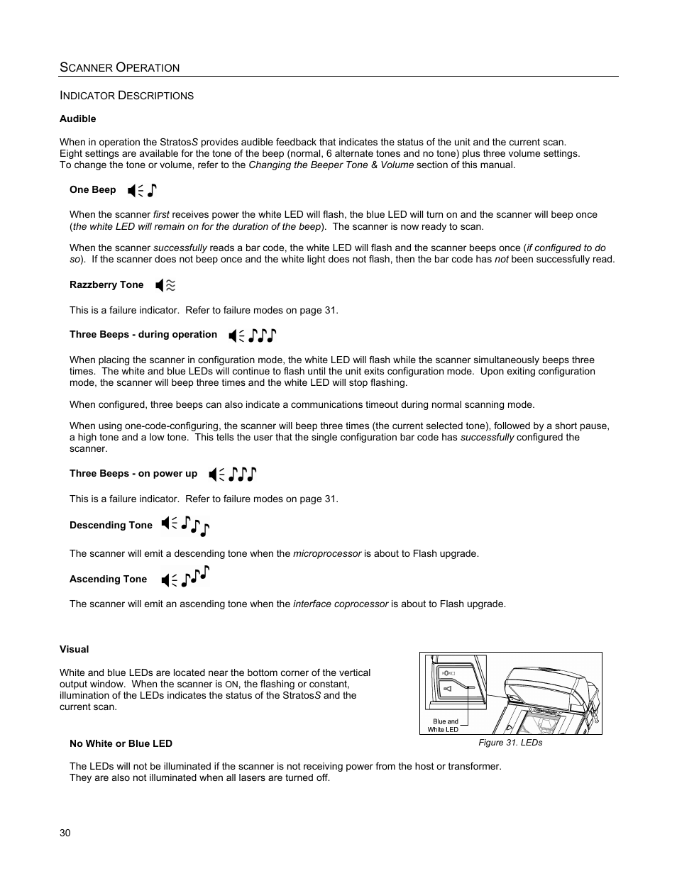 Indicator descriptions, Audible, Visual | Metrologic Instruments StratosS MS2222 User Manual | Page 34 / 68