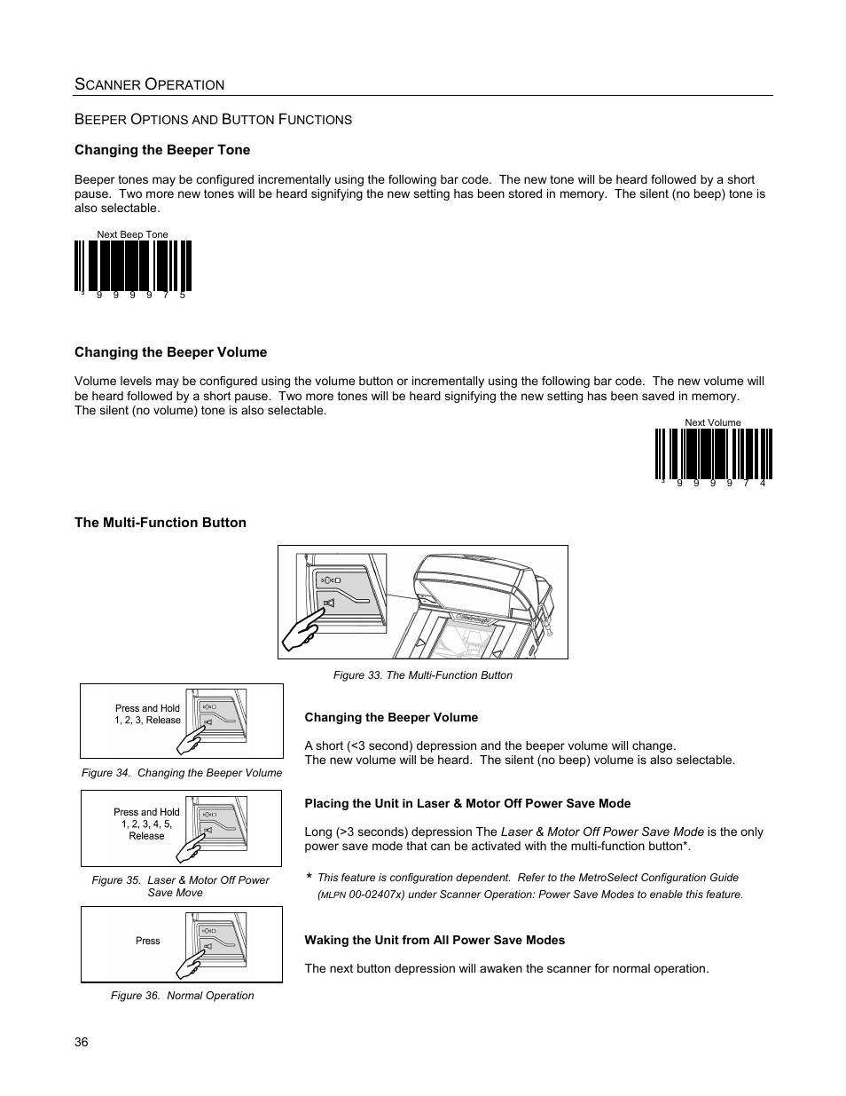 Beeper options and button functions, Changing the beeper tone, Changing the beeper volume | The multi-functional button | Metrologic Instruments StratosS MS2222 User Manual | Page 40 / 68