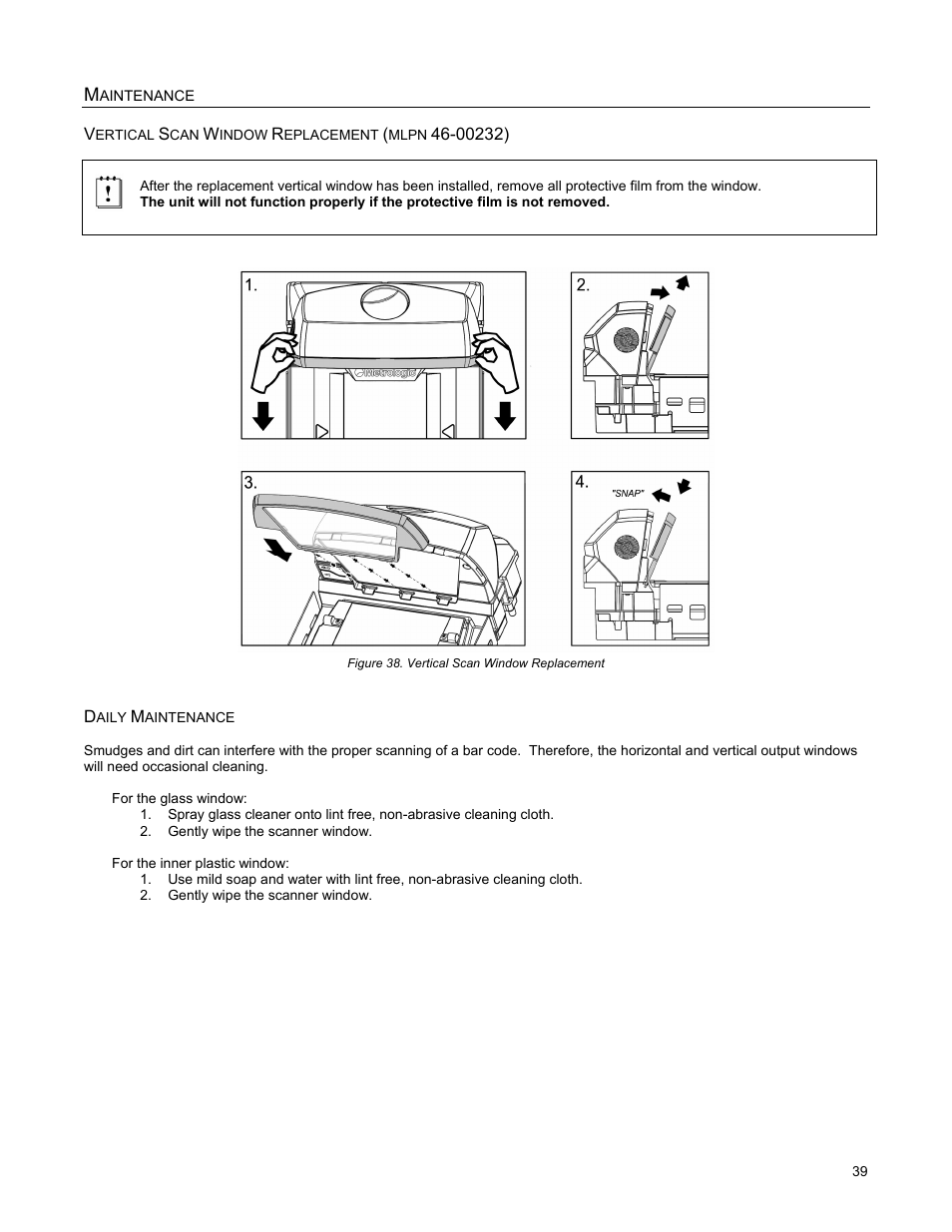 Vertical scan window replacement, Daily maintenance | Metrologic Instruments StratosS MS2222 User Manual | Page 43 / 68