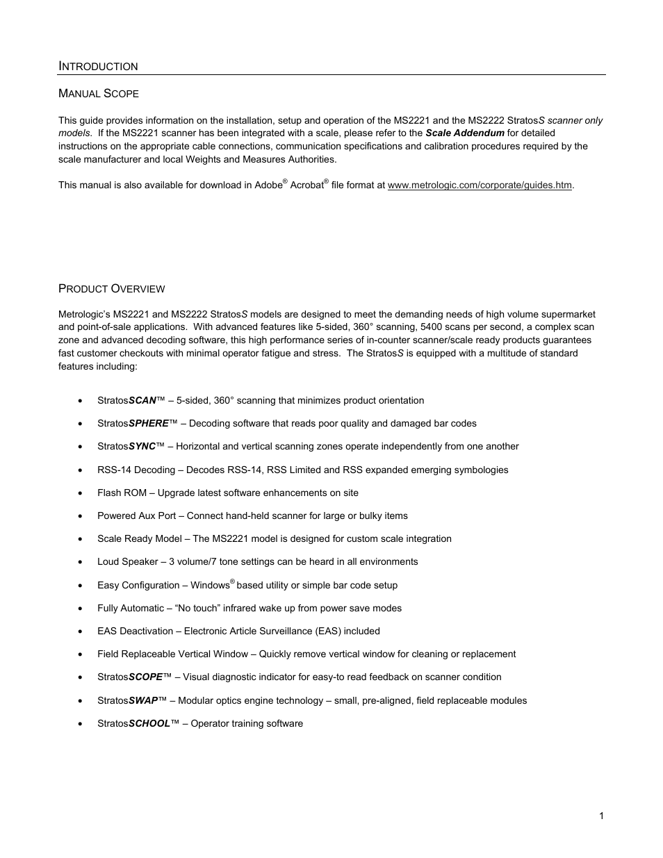 Introduction, Manual scope, Product overview | Ntroduction | Metrologic Instruments StratosS MS2222 User Manual | Page 5 / 68