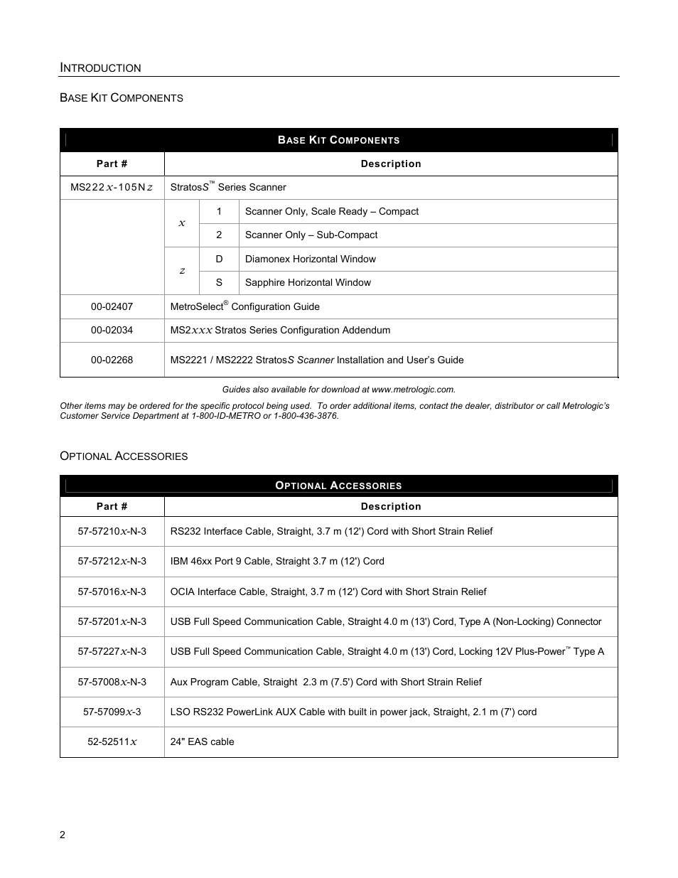 Optional accessories, Cables, Base kit components | Metrologic Instruments StratosS MS2222 User Manual | Page 6 / 68