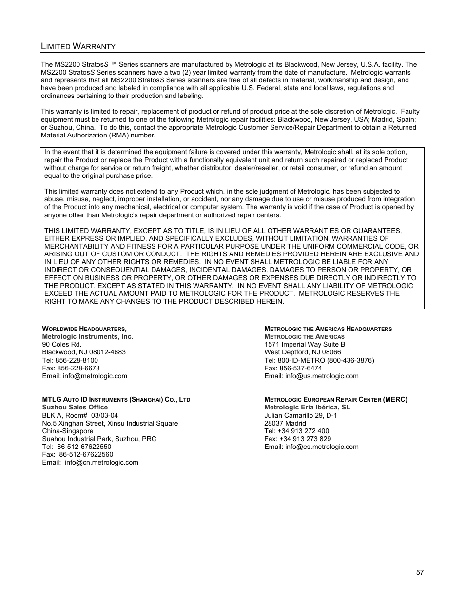 Limited warranty, Imited, Arranty | Metrologic Instruments StratosS MS2222 User Manual | Page 61 / 68