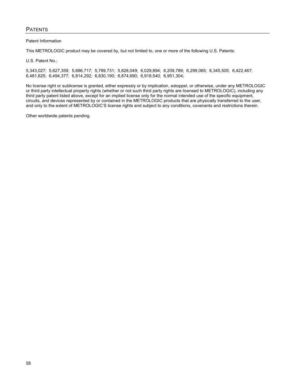 Patents, Atents | Metrologic Instruments StratosS MS2222 User Manual | Page 62 / 68