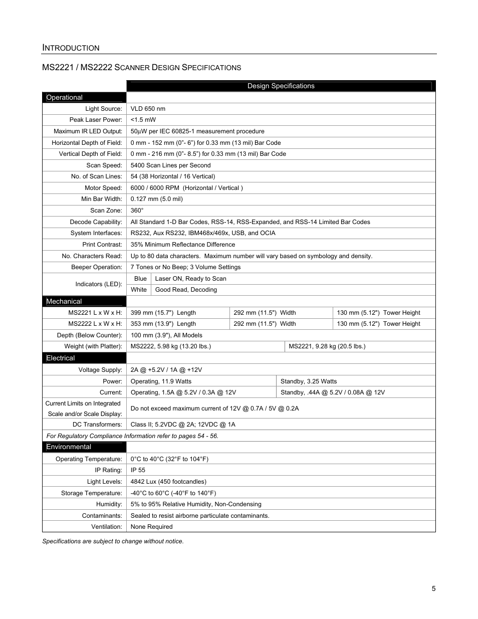 Ms2221 / ms2222 scanner design specifications, Ms2221/ms2222 scanner design specifications, Ms2221 | Ms2222 | Metrologic Instruments StratosS MS2222 User Manual | Page 9 / 68