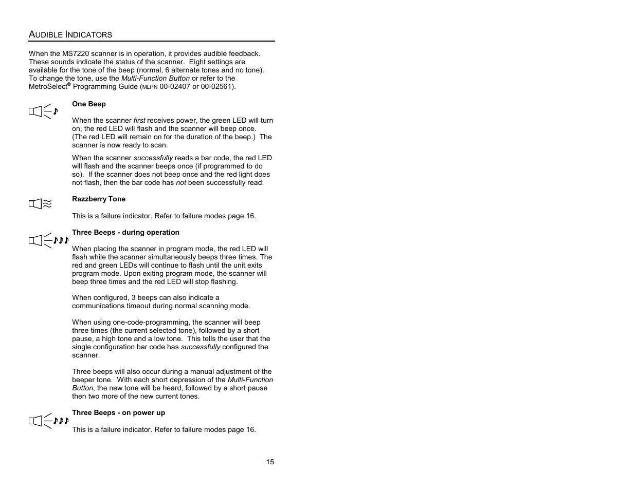 Audible indicators | Metrologic Instruments ARGUSSCANTM MS7220 User Manual | Page 19 / 52