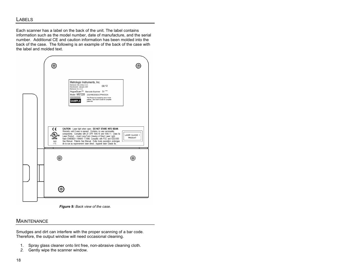 Labels, Maintenance, Labels maintenance | Metrologic Instruments ARGUSSCANTM MS7220 User Manual | Page 22 / 52