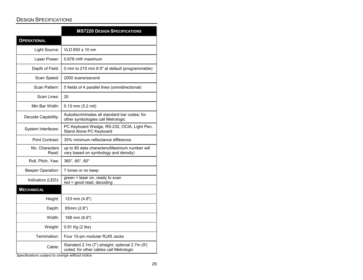 Design specifications | Metrologic Instruments ARGUSSCANTM MS7220 User Manual | Page 33 / 52