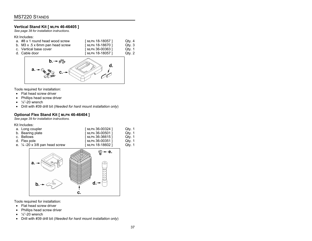 Ms7220 stands, Parts list for kits, Ms7220 s | Metrologic Instruments ARGUSSCANTM MS7220 User Manual | Page 41 / 52