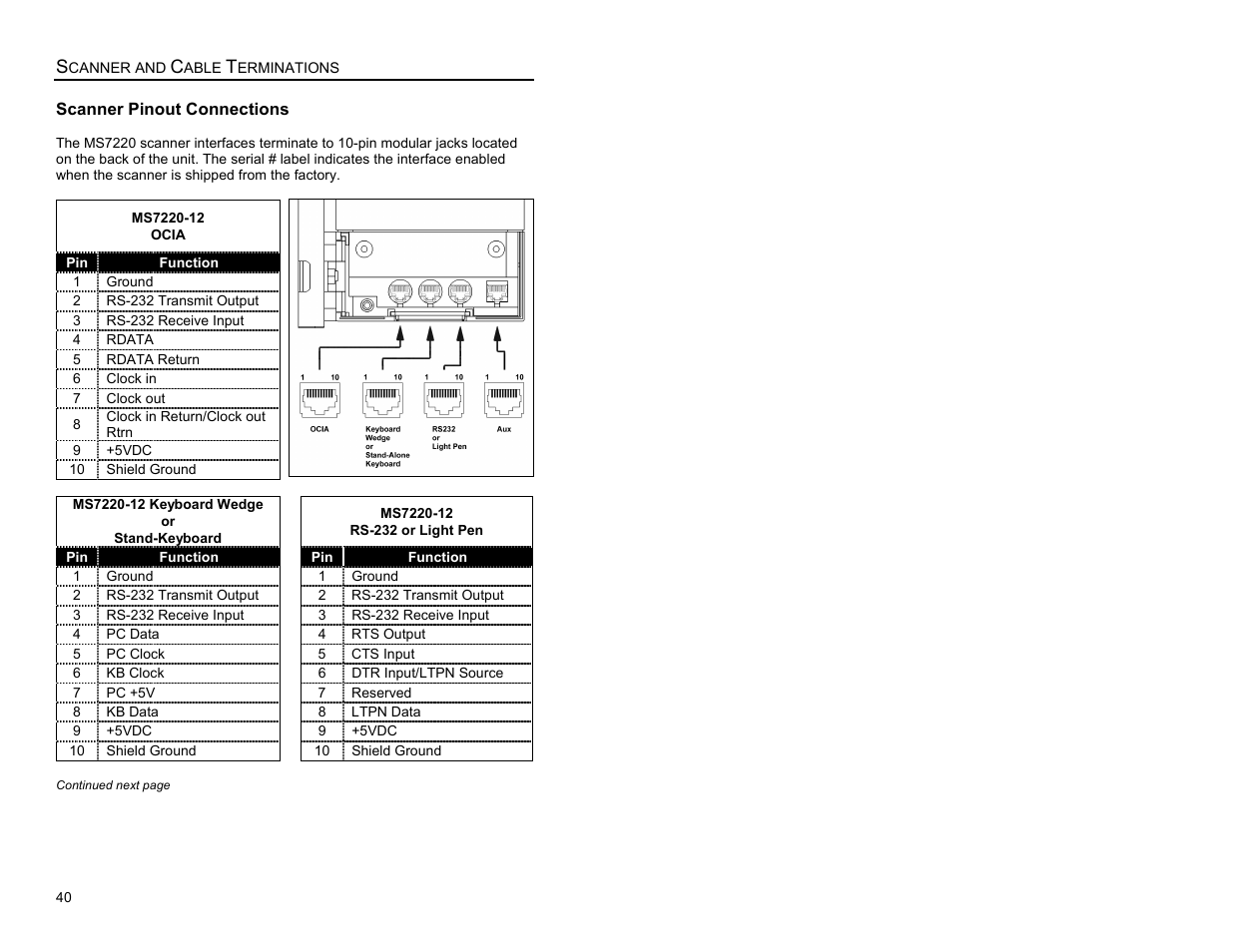 Scanner and cable terminations, Scanner pinout connections | Metrologic Instruments ARGUSSCANTM MS7220 User Manual | Page 44 / 52