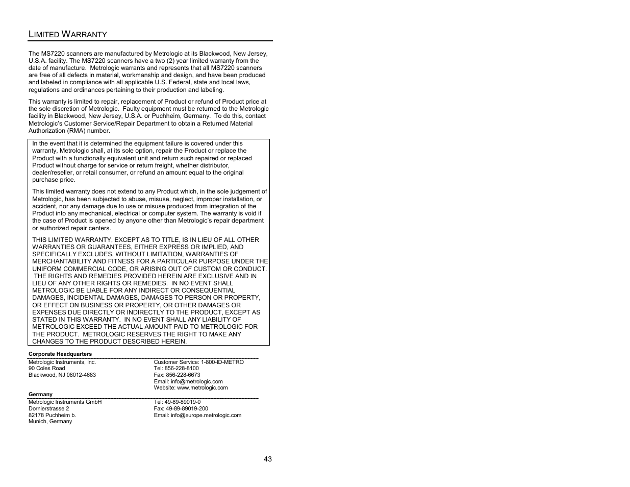 Limited warranty | Metrologic Instruments ARGUSSCANTM MS7220 User Manual | Page 47 / 52